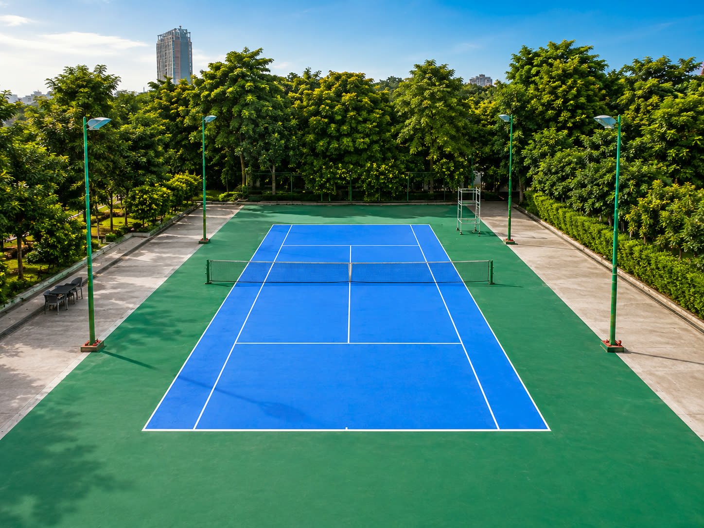 Aerial view of the tennis court and larger lawn